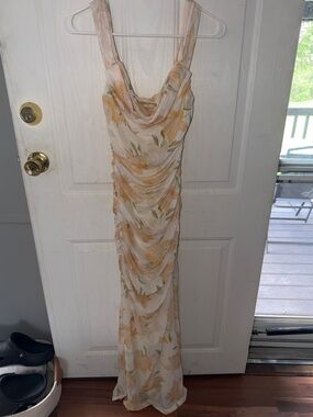 Elegant Cream and Yellow Floral Ruched Maxi Dress